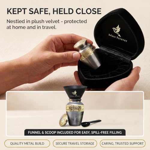 Small Urns for Human Ashes with Velvet Heart Case - Brass Hand Engraved - Mini Memorial Urn for Ashes - Gray Keepsake Cremation Urn for Mom, Dad, Baby & Someone Special Small Urn
