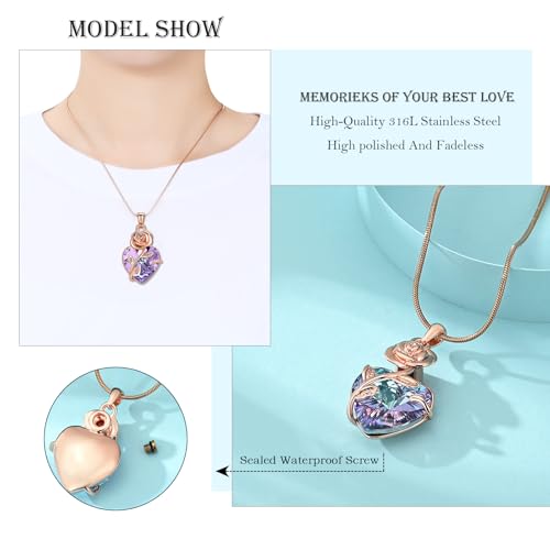 Hearbeingt Rose Crystal Heart Urn Necklace for Ashes Cremation Jewelry Rosegold-purple stone