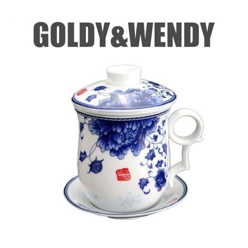 GOLDY&WENDY Elegant Chinese Style Ceramic Tea Cup Porcelain Tea Mug with Infuser Lid and Saucer Sets D-Flower 12.2 Ounces