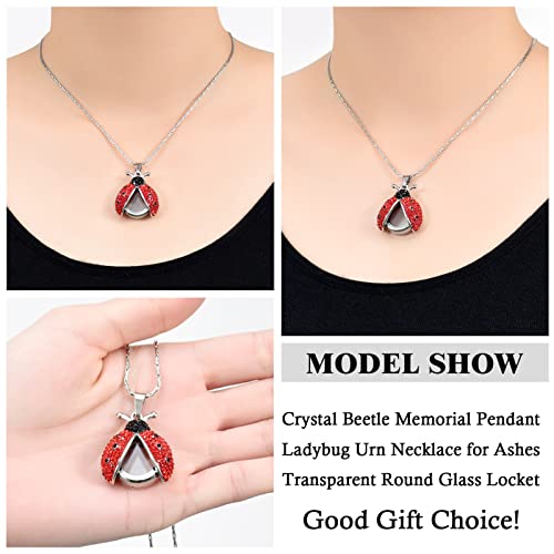 constantlife Cremation Jewelry Ladybug Urn Necklace for Ashes Transparent Round Glass Locket Ash Holder Keepsake Crystal Beetle Memorial Pendant for Human Pet Silver-Red
