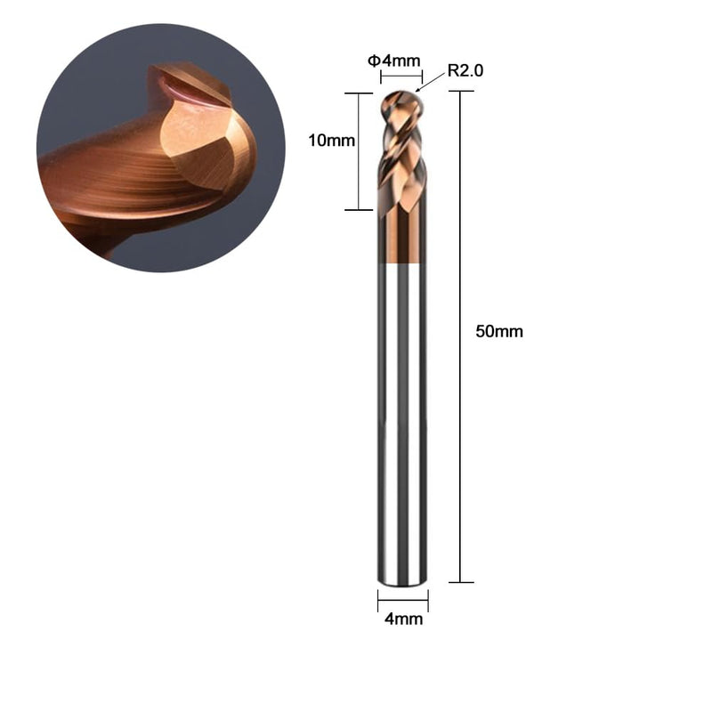 [Australia - AusPower] - ASNOMY Set of 2 Solid Carbide Radius Milling Cutter Ball End Mill Diameter 4 mm AlTiN Coating HRC 55, Carbide Ball End Mill, 2 Teeth CNC Engraving Cutter for Metal Ø4mm-2 Stücke 