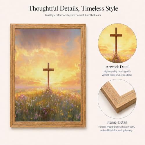 Religious Canvas Wall Art 3Pcs Framed Sunset Cross Landscape 16x12 Inch Cross Sunset 023 16"L x 12"W