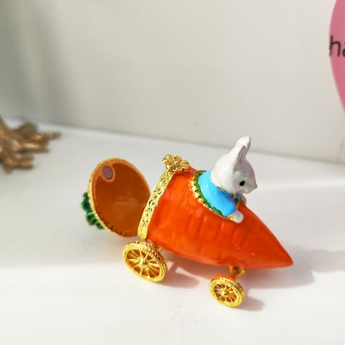 Hand Painted Enamel Animal Mini Trinket Box, Hinged Unique Mini Ring Necklace Jewelry Organizer, Classical Bejeweled Storage, Figurine Collectible Keepsake Home Decor (Carrot Rabbit) Carrot Rabbit