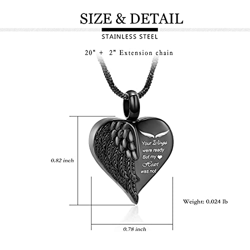 Yinplsmemory Love Heart Urn Necklace for Ashes Keepsake Memorial Cremation Jewelry Stainless Steel Angel Wing Heart Urn Locket Ashes Holder Memorial Urn Jewelry for Human/Pet Ashes Black