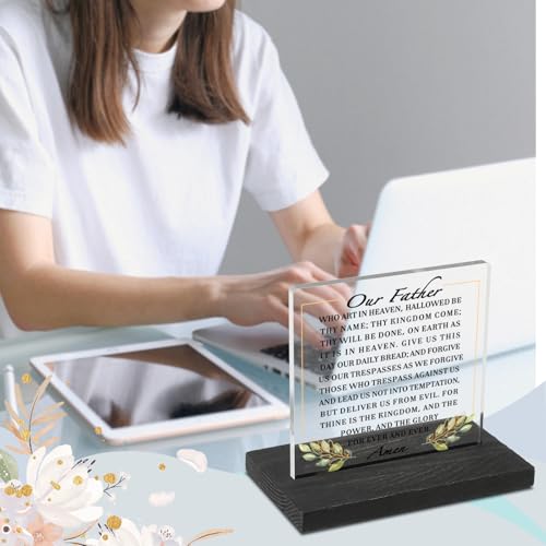 Akeke Our Father Christian Lord's Prayer Bible Verse Decor Desk Sign Plaque, 12 x 10 cm / 4 x 4.8 inches, Acrylic & Pine, Tabletop, Modern Farmhouse Style