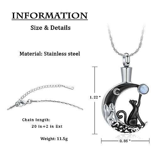 constantlife Cat Moon Urn Necklace for Women Pet Cremation Jewelry for Ashes Stainless Steel Pendant Funeral Keepsake Loved Ones Memorial Gift Black