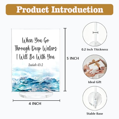 Bible Verse Desk Accessories - Ocean Room Decor - Inspirational When You Go Through Deep Waters I Will Be with You Isaiah 43:2 Religious Acrylic Desk Plaque Home Living Room Beach House Decor