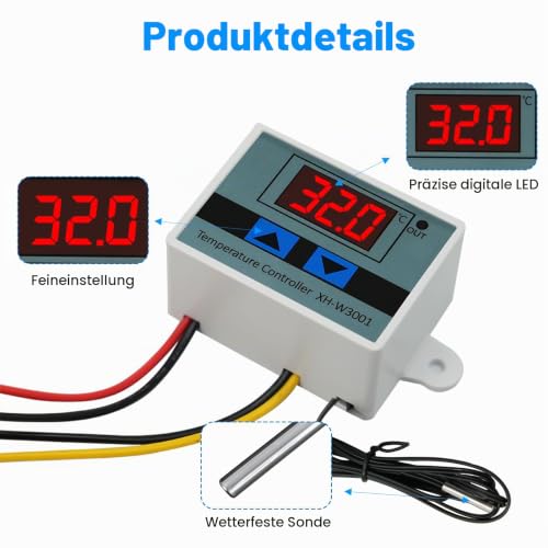 Digital LCD Display Temperature Controller XH-W3001, DC 12V 120W Thermostat Switch with Waterproof Probe Microcomputer Thermostat