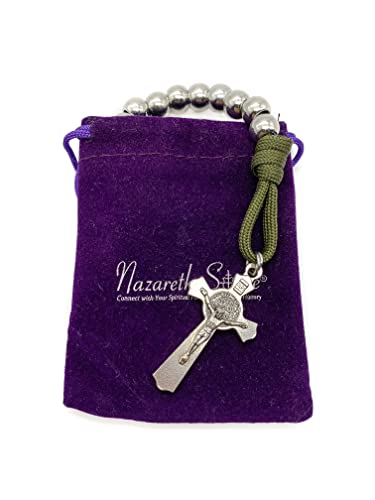 Nazareth Store Strong Military One Decade Paracord Rosary Silver Beads Pocket Car Rosary Pray For Us St. Joseph Medal & St. Benedict Cross Green