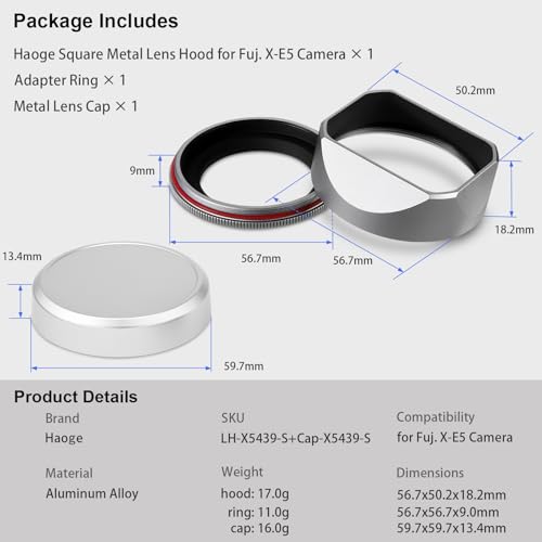 Haoge Squaret Metal Lens Hood for Fujifilm XF23mm F2.8 on XE5 Cemera Body kit Fujinon XF27mmF2.8 R WR Lense 39mm Screw-in Hood Silver,with Metal Cap