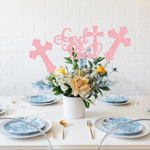 Gyufise 12Pcs God Bless and Cross Centerpiece Sticks Double Sided Cross God Bless Table Flower Centerpieces Sticks First Communion Baptism Decorations for God Bless Theme Party Supplies Pink