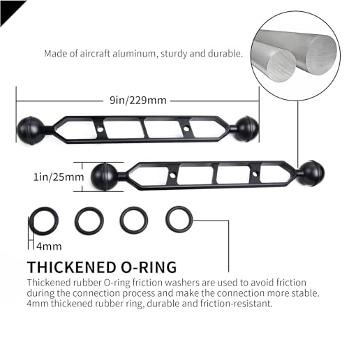 Black 9" Underwater Aluminum Alloy Extension Arm (2-Pack) - Dual Ball System with 1" Head Connector, Waterproof & Rustproof for Diving Camera Tray/Strobe/Video Light, Scuba Photography Gear 9" Extension Arm Black