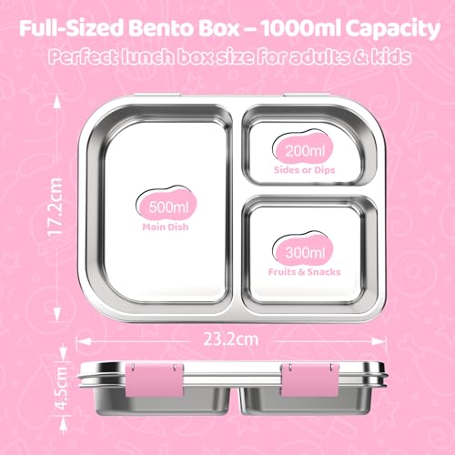 Stainless Steel Bento Box for Kids 1000ml - 3 Compartment Lunch Box for Adults, Leakproof Food Container, BPA-Free Metal Lunch Box with Silicone Seal, Eco-Friendly/Dishwasher Safe (Pink) Pink