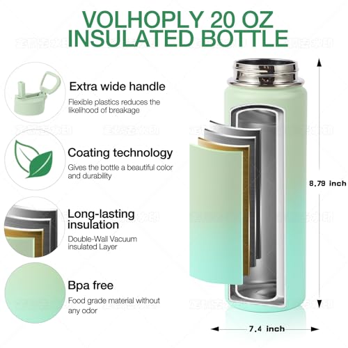 Volhoply 20oz Insulated Stainless Steel Water Bottle with Straw Lid Bulk 4 Pack,Kids Double Wall Vacuum Cups with Handle,Reusable Outdoor Sports Metal Bottles,Travel Flask Keep Cold(Assorted,4) Assorted