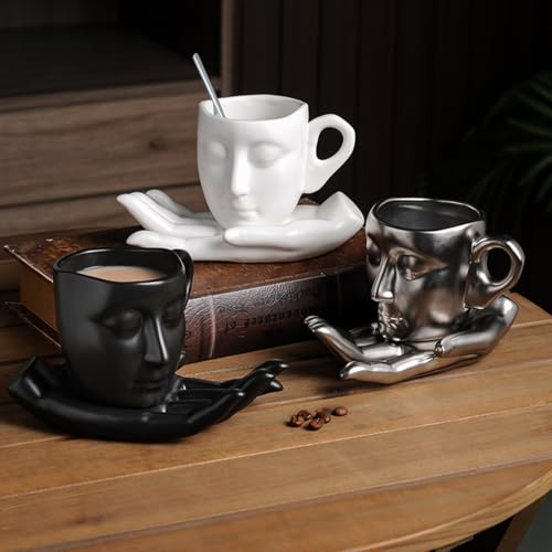 Sculpture Coffee Mug with Saucer Unique Artistic Ceramic Cup Set for Coffee Tea Lovers Gift 8.8oz White Black Silver (white)