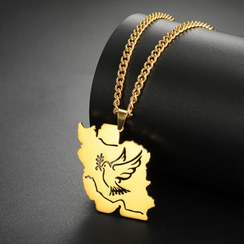 Dreamtimes Iran Map Pendant Necklace Peace Dove Olive Branch Persian Calligraphy Necklaces Stainless Steel Persian-Inspired Jewelry Style2-G