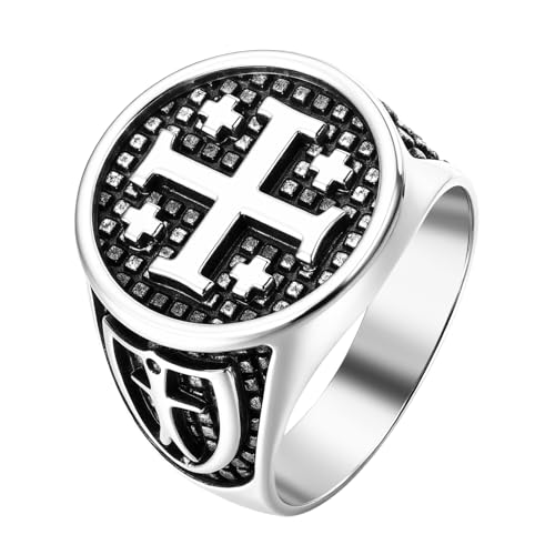 Flonge Cross Ring for Men: Jerusalem Cross Stainless Steel Ring Religious Cross Signet Rings Christian Baptismal Amulet Gift 11(V1/2)