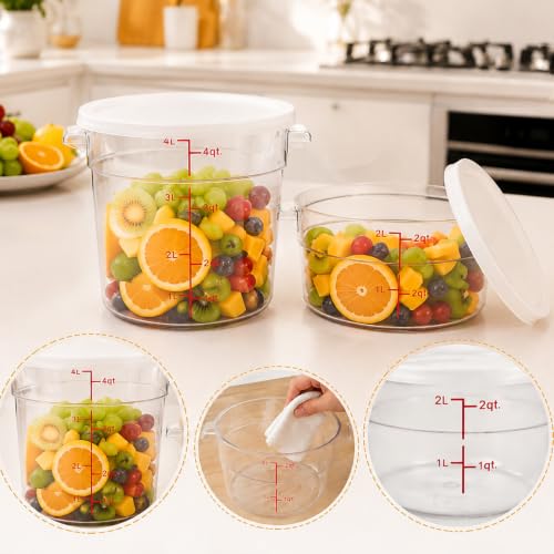 Two round Varfukaz dough proofing containers with lids, clear plastic bread rising buckets, 2Qt and 4Qt sizes.