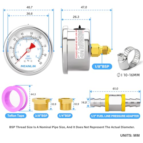 MEANLIN MEASURE 0~6BAR/90PSI Stainless Steel Glycerine Filled Fuel Pressure Gauge 1/8 Inch BSP 1.5 Inch Face Dial, with 1/2 Inch Fuel Line Pressure Adapter Liquid Filled Pressure Gauge (9 Pieces Kit Rear mounted (1/2 inch fuel line)