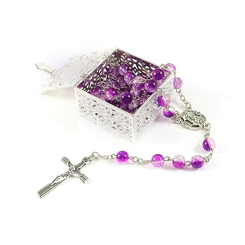 Rosary Beads Catholic for Women With Vintage Jewelry Box, Purple Crystal Rosary Necklace with Metal Gift Box, First Communion Rosary for Anglican Prayer Beads Catholic Gifts Purple-302