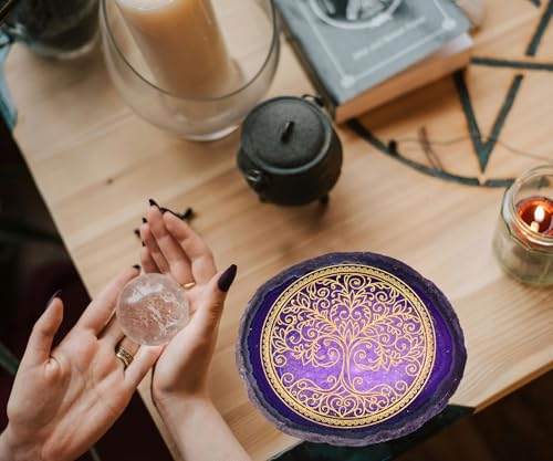 AMOYSTONE Zen Home Decor - Laser Engraved Purple Agate with Tree of Life, 4-5" Display Stand Purple Tree of Life 01 4-5 INCH