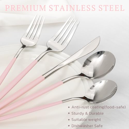Astercook Silverware Set with Steak Knives 24-Piece Flatware Set for 4 Food-Grade Stainless Steel Pink Cutlery Set Mirror Polished Utensils Set Include Spoons and Forks for Home Kitchen Restaurant 24 PCS