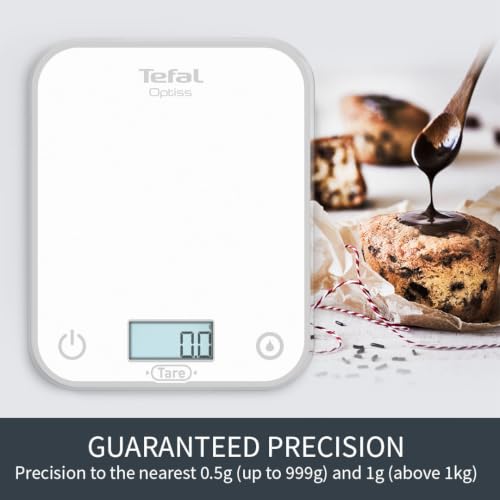 Tefal Optiss BC50U0V0 Electronic Kitchen Scale, Easy-to-Read Backlit Display, Scratch-Resistant, Accuracy 0.5 g, Tare Function, Capacity 5 kg, Batteries Included, White White Glass
