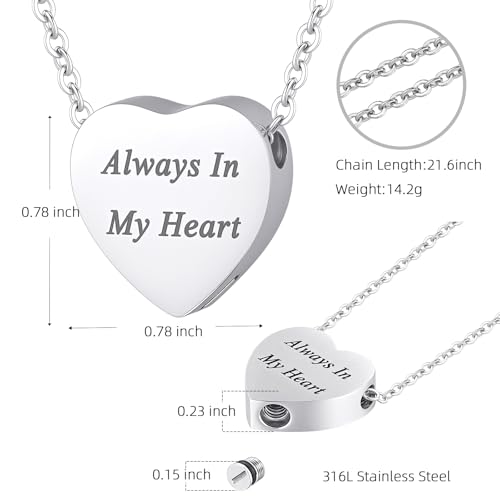 Heart Cremation Urn Necklace for Ashes for Women Men Cremation Locket Jewelry with Keepsake Urn Memorial Ash Jewelry Silver-Always In My Heart