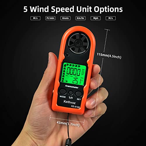 Kethvoz 816B Mini Hand Wind Gauge | 0.3~30m/s, Bft Scale & Temperature, Windchill, Wind Gauge for Windsurfing, Kite, Sailing, Drones, Outdoor, Flagpole Anemometer 816B (1 pack