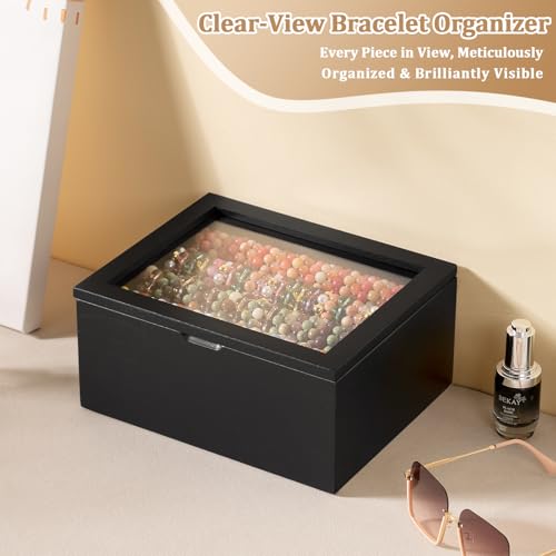 Bracelet Storage Box Holds Up to 150 Bangles, Bracelet Organizer with Clear Lid & Rods, Jewelry Display Case for Multiple Sizes, Dust-Proof Design(Black) Black