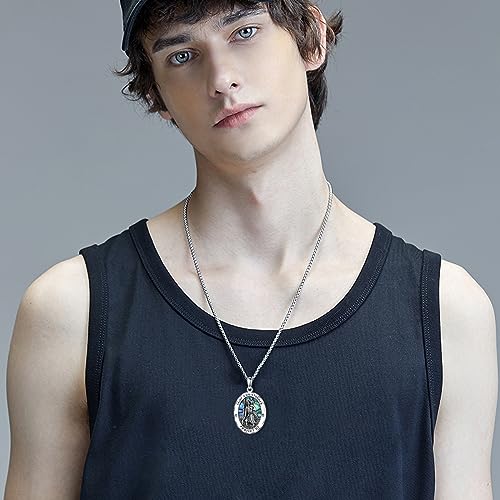 Sterling Silver Religious Jewellery Gifts St Christopher/St Michael/St Benedict Crucifix Medal Necklace for Men Women Saint Christopher with Abalone Shell