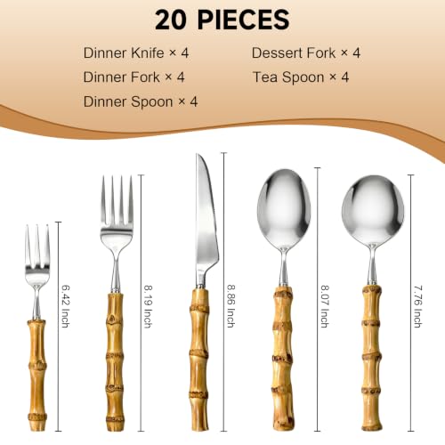 20-Piece Bamboo Handle Silverware Set for 4, 18/8 Stainless Steel Flatware Includes Knives, Forks and Spoons, Rust-Resistant Reusable Cutlery for Kitchen, Dining and Camping