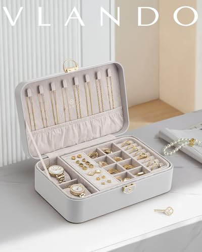 VLANDO 2 Layer Jewelry Box,Jewelry Organizer Storage Lockable Earring Organizer Removable Jewelry Tray with Watch Pillow for Neckable Ring Bracelets-Grey 03.Grey-Pillow