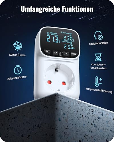 German Temperature Controller, Socket 230 V with Sensor, 4 Time Modes | White Thermostat Socket, Temperature Switch, Socket Thermostat for Heating, Greenhouse, Fan, Kettle