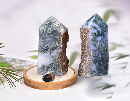 AMOYSTONE Moss Agate Crystal Point - 0.8-1.3 lb Natural Stone Carving for Meditation & Spiritual Decor 0.8-1.3 Pound