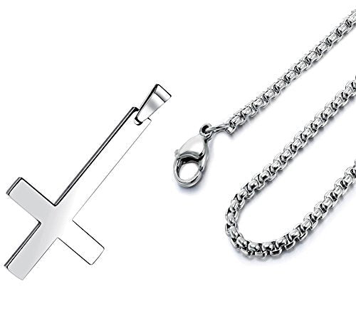 PAURO Men's Inverted Cross Upside Down Necklace Pendant Black Gold Silver Silver-Large