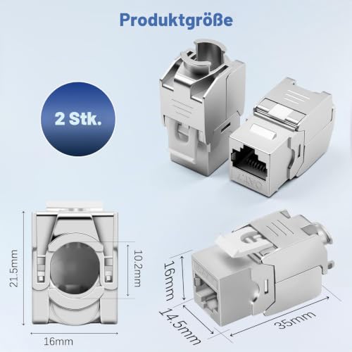 Pack of 2 CAT 7 Keystone RJ45 Module Socket for CAT7 CAT6 CAT6a, Toolless LSA, 10 Gbit/s Transmission, Fully Shielded STP, Gold-Plated Contacts, CAT 7 Keystone Jack for Patch Panel and Network Sockets