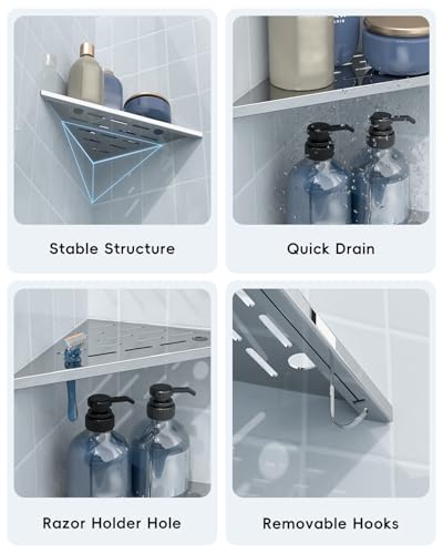 DAYONE 2 Pack Corner Shower Shelves 10", Chrome 304 Stainless Steel Recessed Bathroom Shelf with Razor Holding Hole and 2 Hools, for Tiled Wall No Drilling Needed 2 Hooks-10”