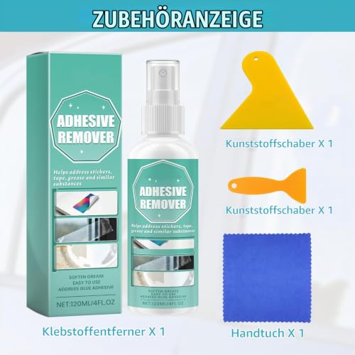 Adhesive residue remover spray, powerful label remover, 120 ml, adhesive remover, complete with scraper and cloth, effectively removes adhesive labels and adhesive residue from glass, plastic and