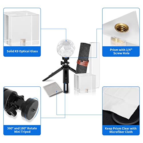 Meking 3pcs Photography Prism Set with Mini Tripod, Optical Crystal Prism Transparent style