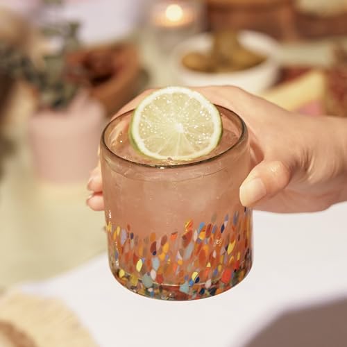 Twine Segunda Vida Artistico 100% Recycled Glassware Tumblers, Hand Blown Cocktail Glasses for Dinner Party, Icon Glasses Gifts, Stemless Margarita Mexican Glassware, Set of 2, 13 oz, Multicolor