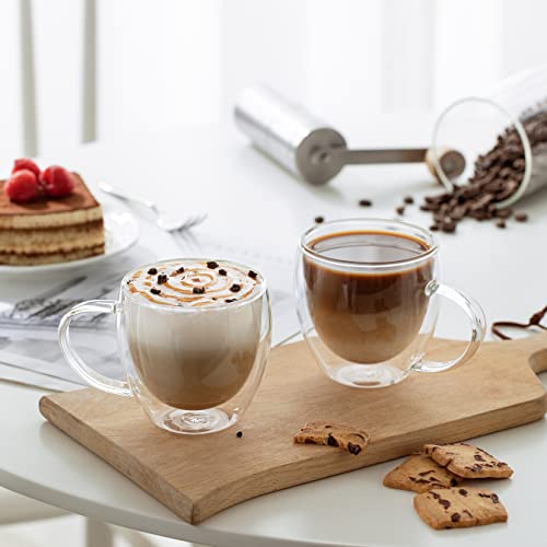 CNGLASS 8.5oz Glass Coffee Mug,Double Wall Insulated Glass Mugs with Handle,Clear Espresso Mugs for Latte,Cappuccino,Tea Bag,Set of 4 8.5oz(4-pack)