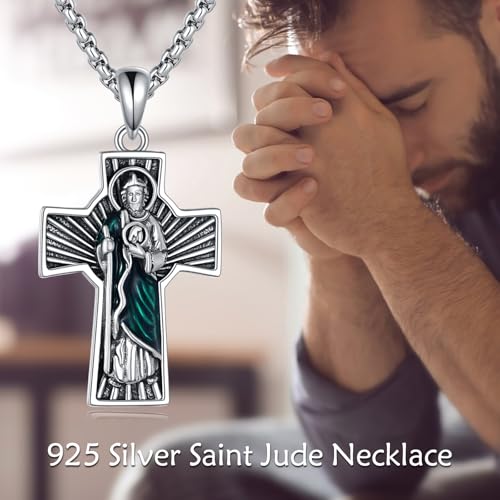 VONALA Saint Judas Tadeo 925 Sterling Silver Necklace Cross Crucifix Pendant Jewelry Gift for Women Men