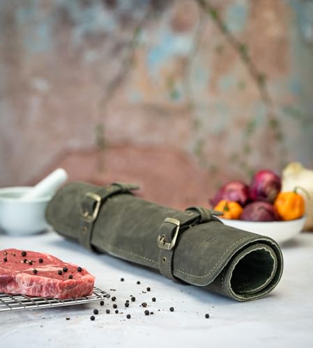 Knife Roll Bag Genuine Leather – Chef`s knife bag 7 slots – Leather Knife Case Sam Green-olive