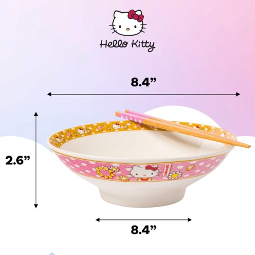 Silver Buffalo Sanrio Hello Kitty Pink, Ramen Bowl with Chopsticks, 30oz 30 Ounces Hello Kitty Waves and Flowers (Big)