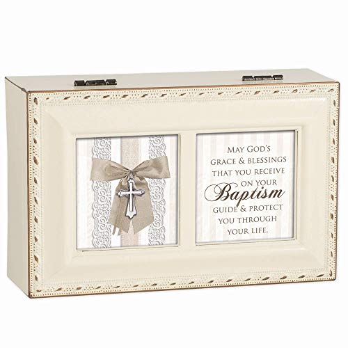 Cottage Garden May God's Grace Blessings Baptism Ivory Goldtone Trim Petite Jewelry Music Box Plays Jesus Loves Me