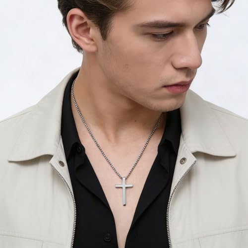 Silver Cross Necklace for Men and Boys, Cross Chain Pendant, Classic Christian Jewelry Gift for Son, Birthday, Father’s Day, Religious Confirmation and Baptism