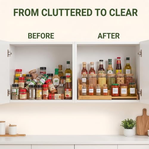 2 Pack Spice Rack, 22" Extra Long Kitchen Pantry Organizer, 3-Tier Expandable Bamboo Wooden Rack Organizer for Cabinet - Multi-purpose Cupboard Storage Organizer Bamboo 2Pack