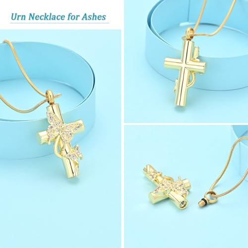 Butterfly Cross Urn Necklace for Ashes, Stainless Steel Memorial Keepsake Pendant for Men Women, Screw Top Seal Design Cremation Jewelry for Ashes Holder Cross Pendants for Ashe of Loved Gold