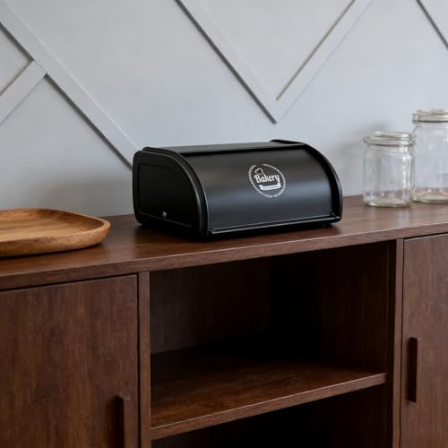 Black stainless steel vintage roll-top bread box by JunWondC, farmhouse style, small size for kitchen storage.